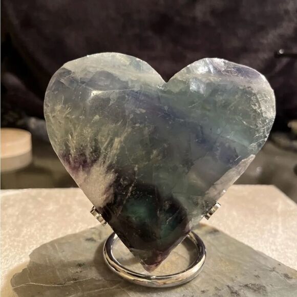 Rare Feather Fluorite Crystal Heart With Stand 365g - Picture 2 of 16